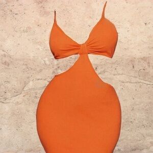 LONG KNITTED V NECK PLUNGE CUTOUT ORANGE MAXI KNOT FRONT STRAP DRESS